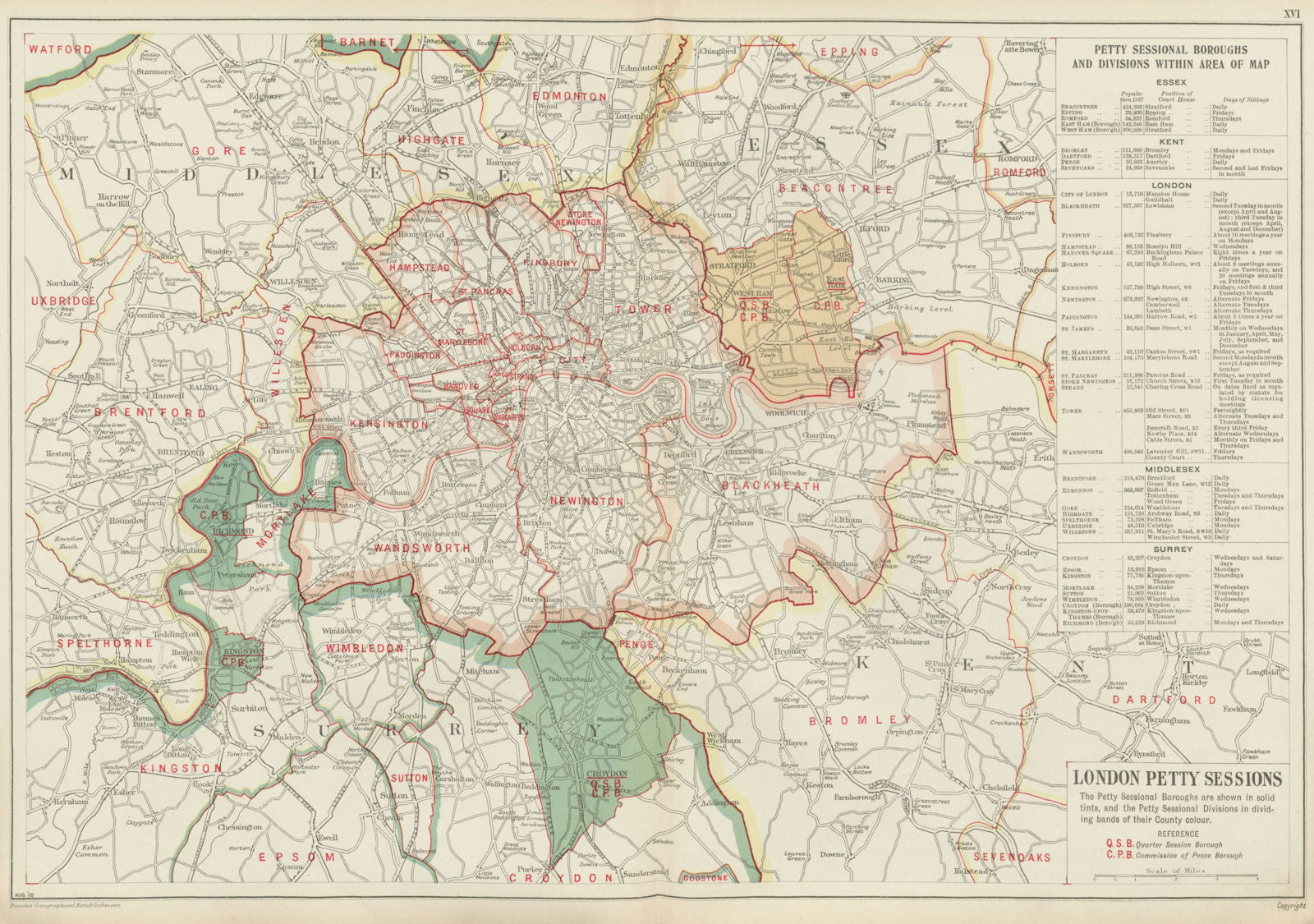 LONDON PETTY SESSIONS/sessional boroughs/divisions. Law. Courts. BACON 1934 map
